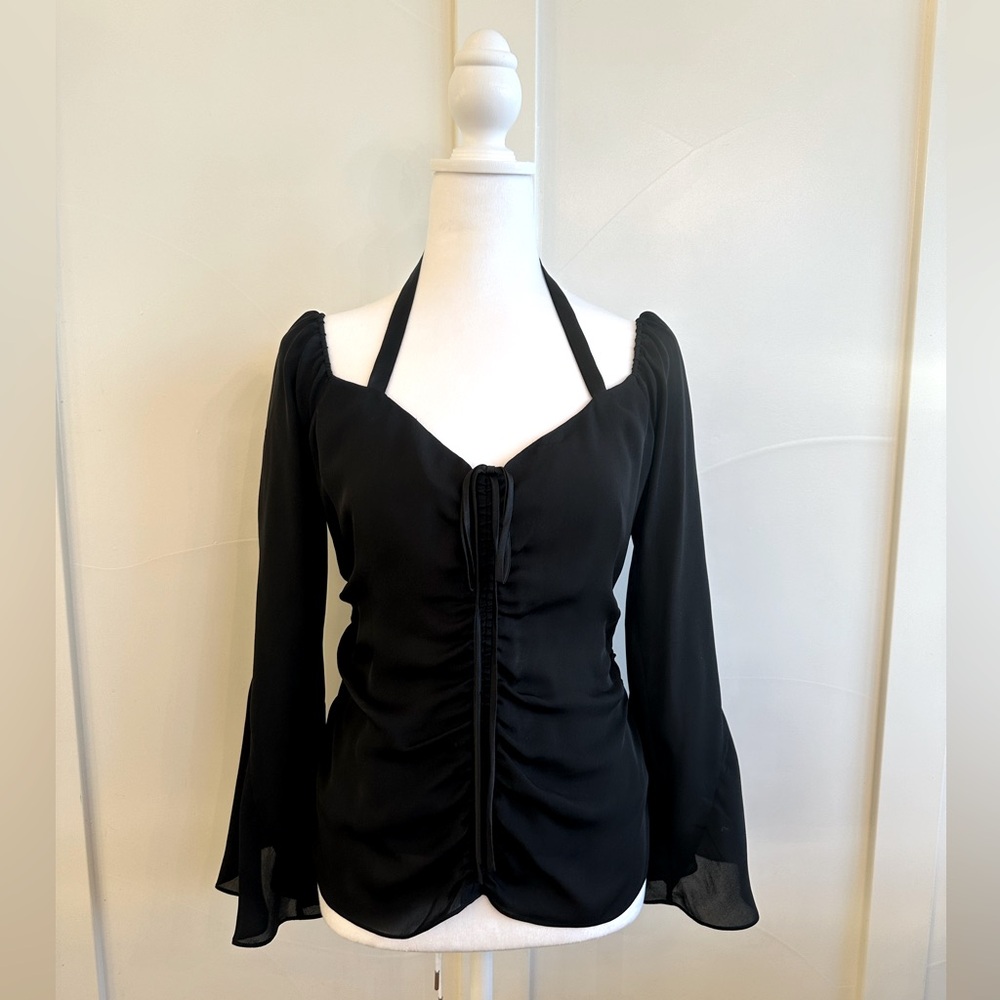 NWT Cinq A Sept Lorne Silk Halter Long Sleeve Blouse Black Large
